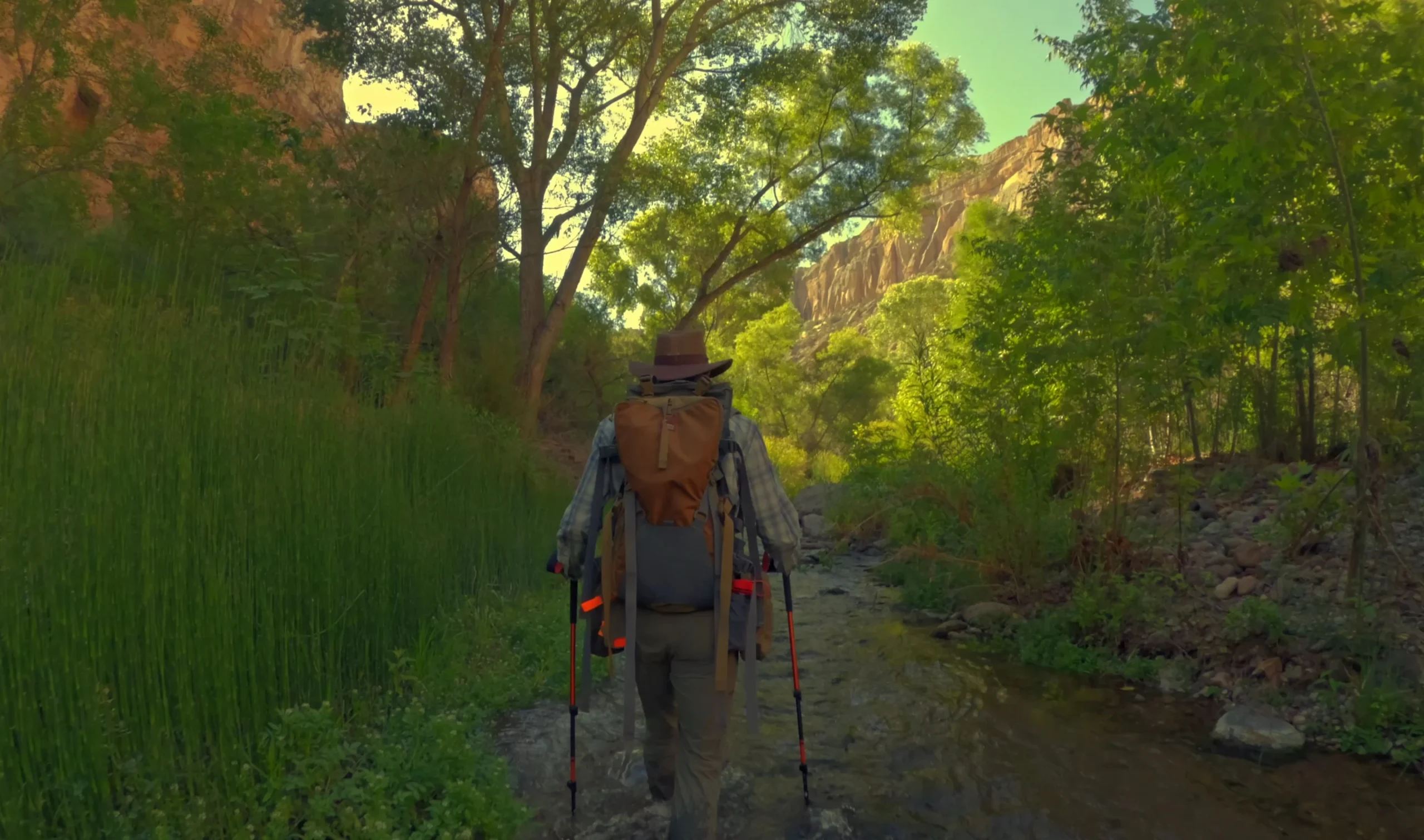 Backpacker hiking along Aravaipa Creek