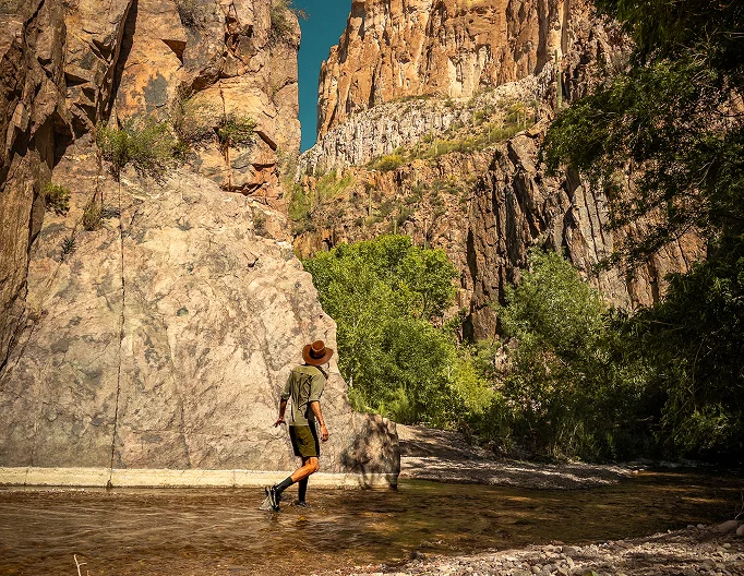 Hiker wading Aravaipa Creek beneath towering cliffs