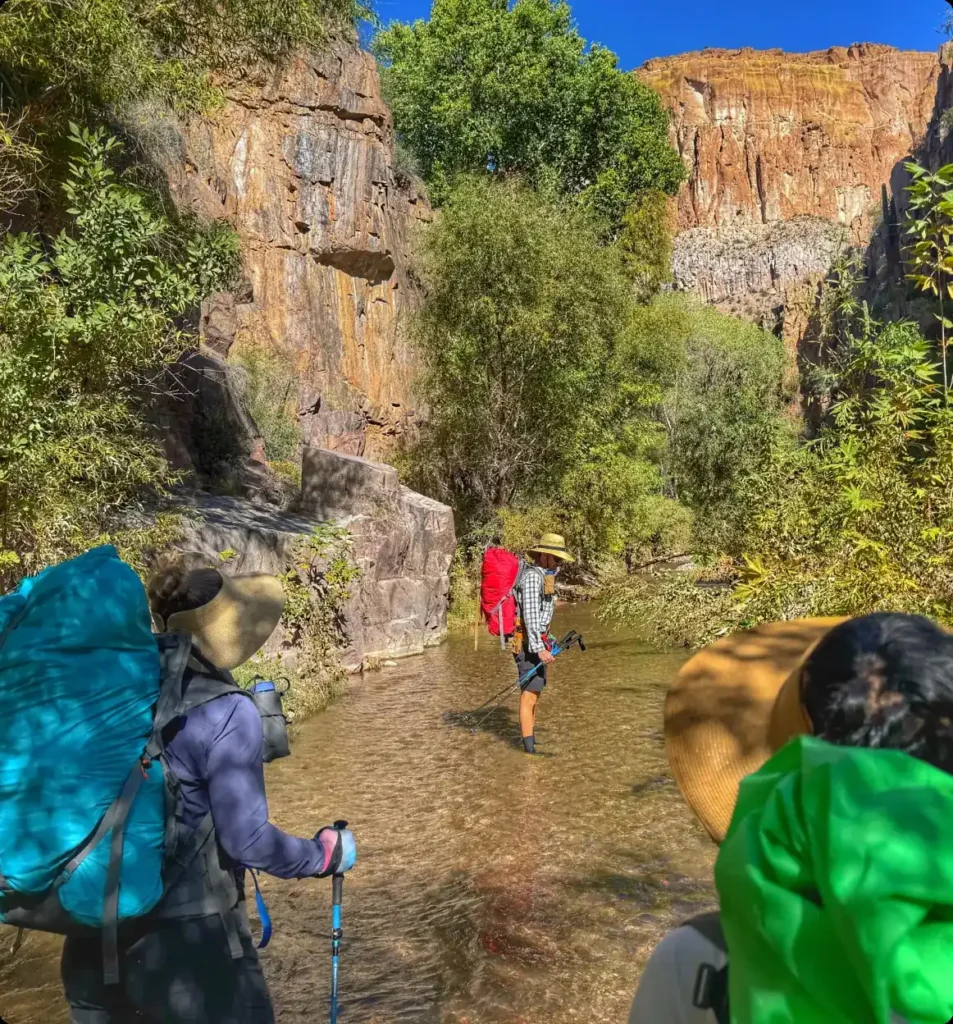 Group of hikers with backpacks wading through Aravaipa Creek